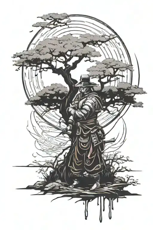 samurai under a tree with a blood moon tattoo design idea