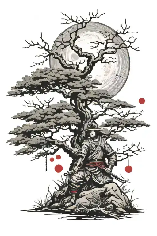 samurai under a tree with a blood moon tattoo design idea