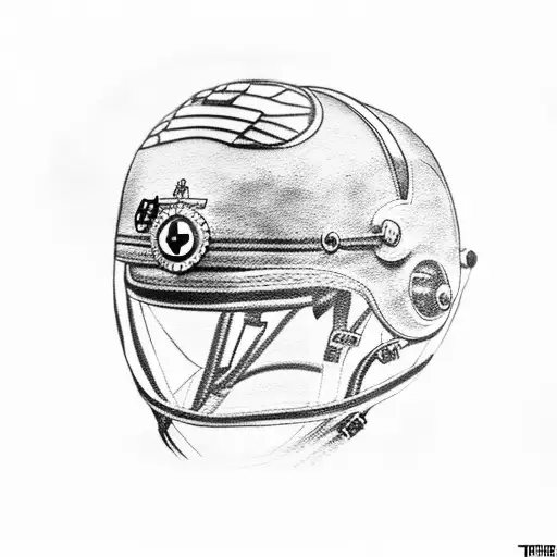 A dotwork tattoo of a pilot's helmet with a BMW logo on it, symbolizing the fusion of two passions tattoo design idea