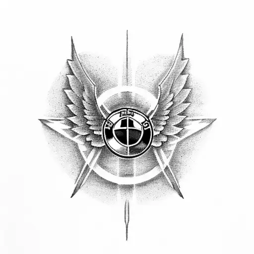 A dotwork tattoo of a BMW logo intertwined with a pilot's wings tattoo design idea