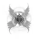 A dotwork tattoo of a BMW logo intertwined with a pilot's wings tattoo design idea