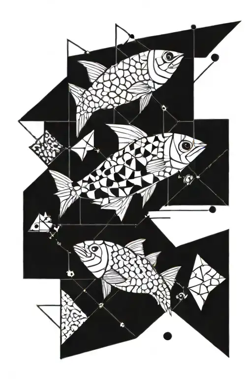 Abstract Pikefish, clear simple geometric shapes in the background, triangles and squares and circles tattoo design idea