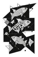 Abstract Pikefish, clear simple geometric shapes in the background, triangles and squares and circles tattoo design idea