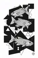 Abstract Pikefish, clear simple geometric shapes in the background, triangles and squares and circles tattoo design idea