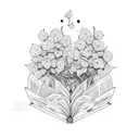 hydrangea and a book and a newspaper and a whiskey glass tattoo design idea