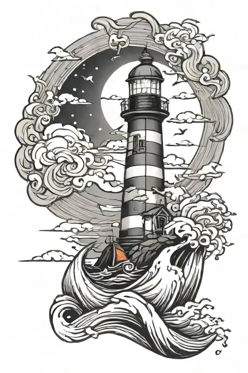 lighthouse storm tattoo design idea