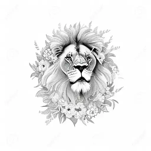 Lion surrounded by flowers tattoo design idea