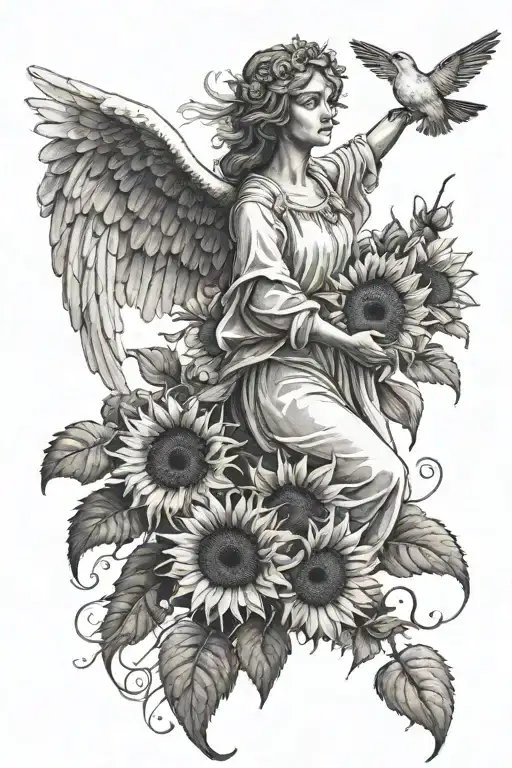 An angel with outstretched wings carrying a sanctified person who holds a sunflower in their hand. tattoo design idea