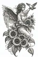 An angel with outstretched wings carrying a sanctified person who holds a sunflower in their hand. tattoo design idea