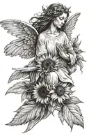 An angel with outstretched wings carrying a sanctified person who holds a sunflower in their hand. tattoo design idea
