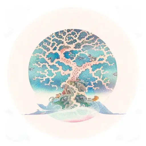 Yggdrasil world tree with fishes swimming around it and a samurai holding a sword from the branch of the tree tattoo design idea
