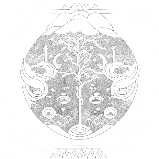 Yggdrasil world tree with fishes swimming around it tattoo design idea