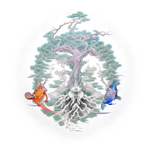 Yggdrasil world tree with fishes swimming around it and a samurai holding a sword from the branch of the tree tattoo design idea