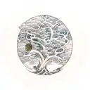 Yggdrasil world tree with fishes swimming around it and a samurai holding a sword from the branch of the tree tattoo design idea