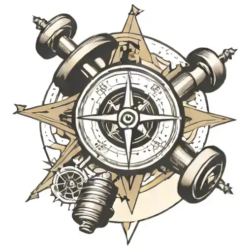 A traditional style tattoo of a compass rose surrounded by various gym equipment like dumbbells and kettlebells tattoo design idea
