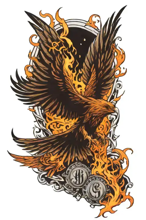 Harry Potter Deathly Hallows and phoenix rising. burning phoenix and Hogwarts on the background  tattoo design idea
