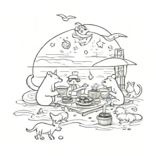 A pastry chef and animals having a picnic on the beach with music notes floating in the air tattoo design idea