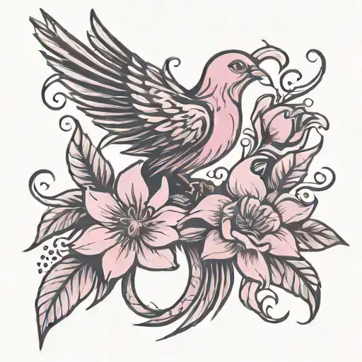 flower bird breast cancer ribbon tattoo design idea
