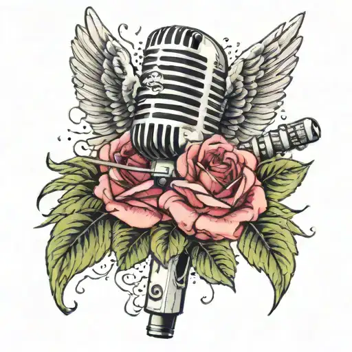 vintage mic vintage shure 55 wings in the background roses in front  tattoo design idea