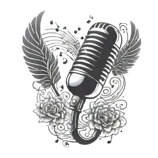 A vintage microphone with intricate musical notes flowing out of it tattoo design idea