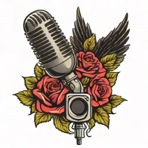 vintage mic vintage shure 55 wings in the background roses in front  tattoo design idea