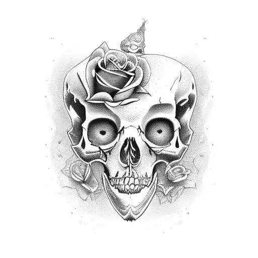cat skull with rose tattoo design idea
