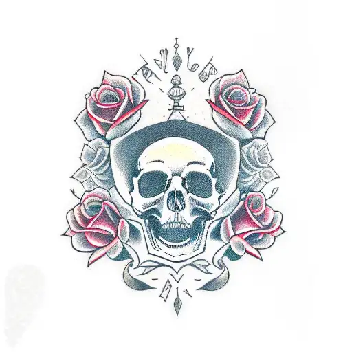 cat skull with rose tattoo design idea