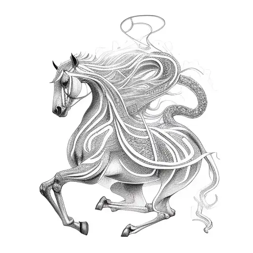 A majestic horse galloping through a forest of intertwining snakes tattoo design idea