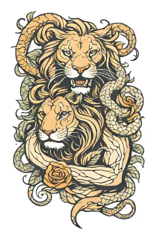 lion and snake wrapped arms around herself tattoo design idea