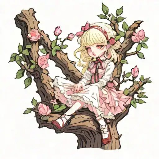 albino girl with pink eyes sitting on a tree in lolita fashion  tattoo design idea