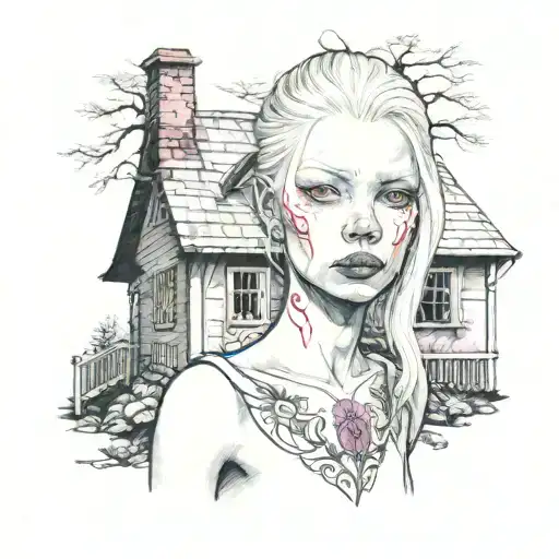 albino girl with pink eyes standing in front of a cottage tattoo design idea