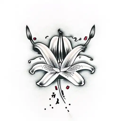 illuminated lily in 2D with japanese letters vertically underneath tattoo design idea