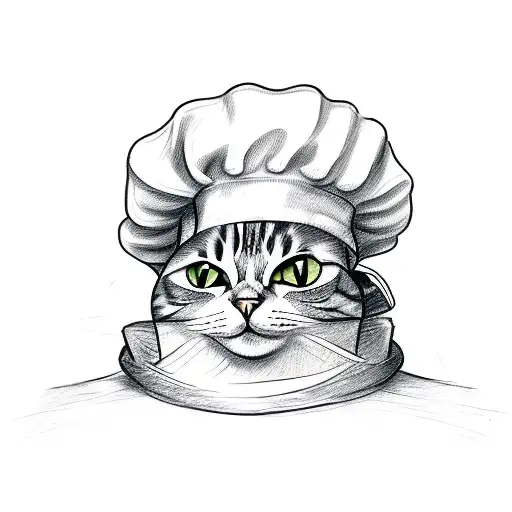 A sketch style tattoo of a cat wearing a chef's hat tattoo design idea