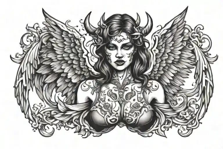 girl shapshifting into devil and then angel chest tattoo tattoo design idea