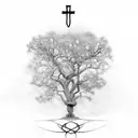 oak tree that has a cross in it's trunk that then goes into dna as the roots  tattoo design idea