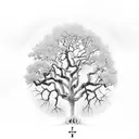 oak tree that has a cross in it's trunk that then goes into dna as the roots  tattoo design idea