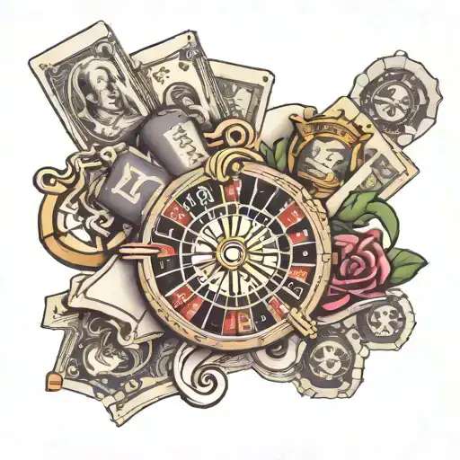 dollars with roulette and bills tattoo design idea