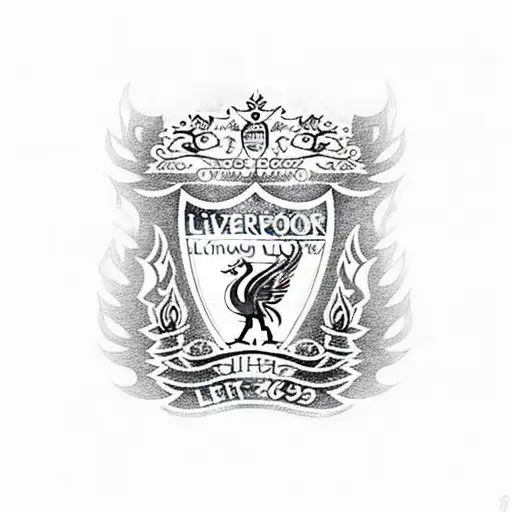 A blackwork design showcasing the Liverpool FC crest with flames surrounding it, representing their fiery spirit tattoo design idea