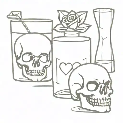 tequila bottle with skull on it and two heart shot glasses  tattoo design idea