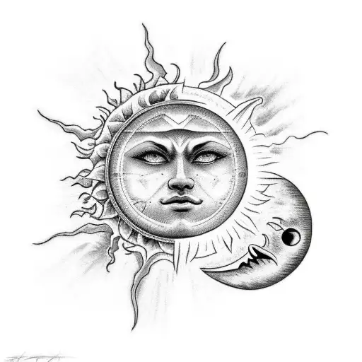 sun and moon with clouds and rays. sun has a male face and moond female.  tattoo design idea