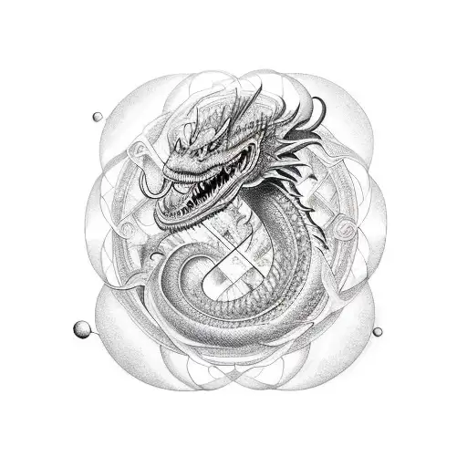 a vertical tattoo of a harmoniuous smiling dragon, the universe and sacred geometry tattoo design idea