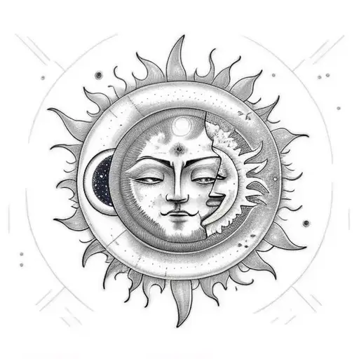 sun and moon with clouds and rays. sun has a male face and moond female.  tattoo design idea
