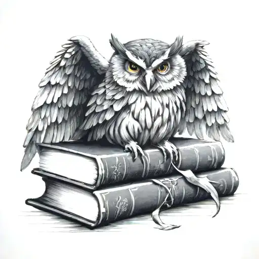 A wise owl perched on a stack of books, symbolizing the pursuit of knowledge and wisdom gained through experience tattoo design idea
