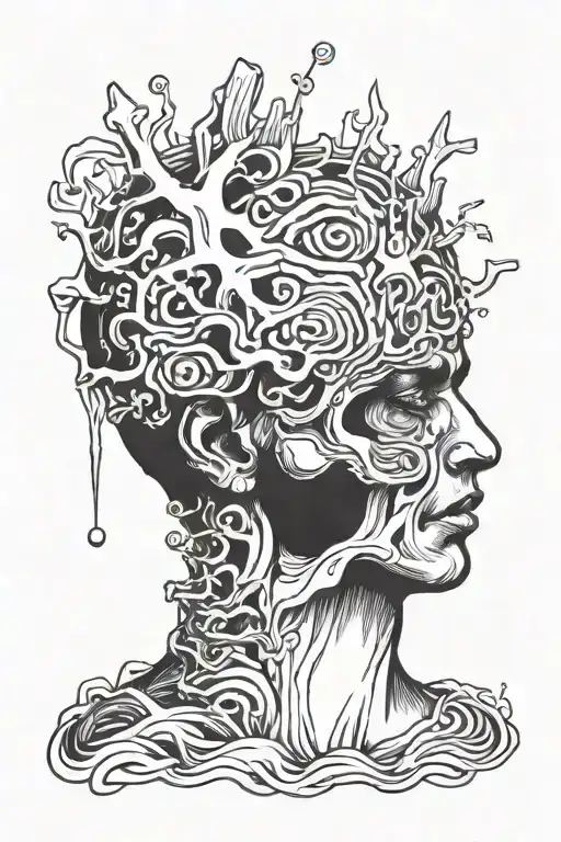 struggling with overthinking concept exploded head tattoo design idea