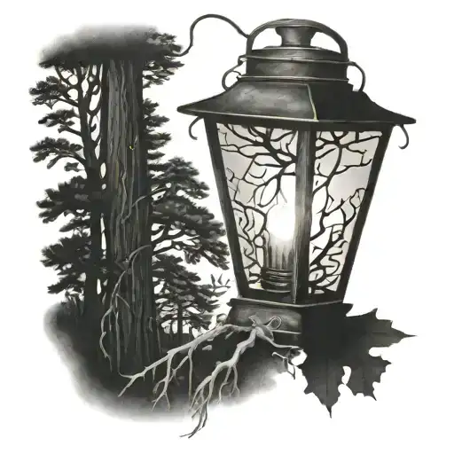 A firefly lantern illuminating a dark forest tattoo design idea