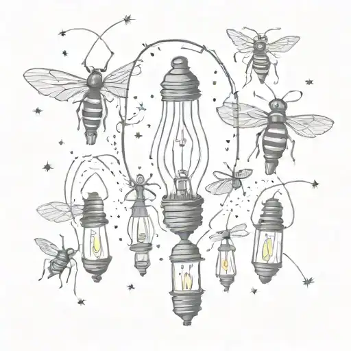 A surreal scene of fireflies dancing around a vintage light bulb tattoo design idea