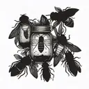 A collection of fireflies forming a heart shape inside a jar tattoo design idea