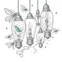 A surreal scene of fireflies dancing around a vintage light bulb tattoo design idea