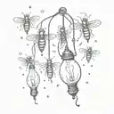 A surreal scene of fireflies dancing around a vintage light bulb tattoo design idea