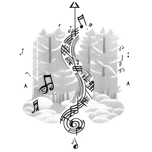 A trail winding through a forest with musical notes floating above tattoo design idea